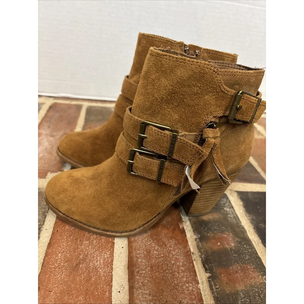 Gianni Bini Booties Size 6.5 Brown Suede Leather Buckle Zipper Ankle Boots - Picture 4 of 7